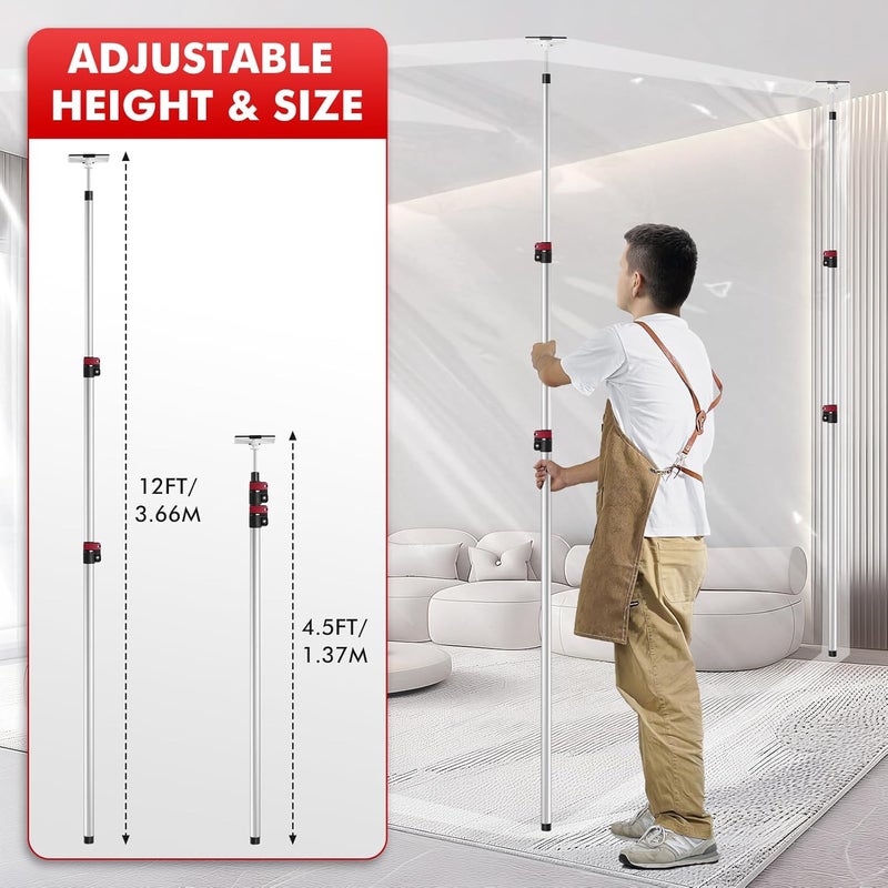 Teodute 12FT Dust Barrier Poles 4 Pack withCarry Bag, Stainless Steel Retractable Zipper Wall Poles Kit for Renovation, Remodeling and Isolation Work - Image 3